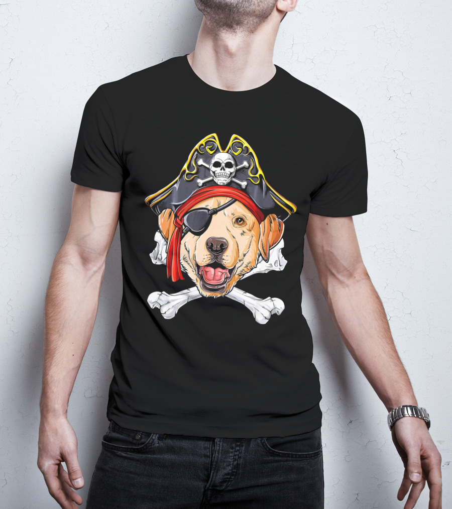 Labrador With Pirate Skull Hat And Crossbones T-Shirt