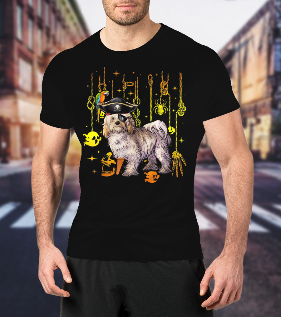 Havanese Pirate Halloween Dog With Parrot And Skulls T-Shirt