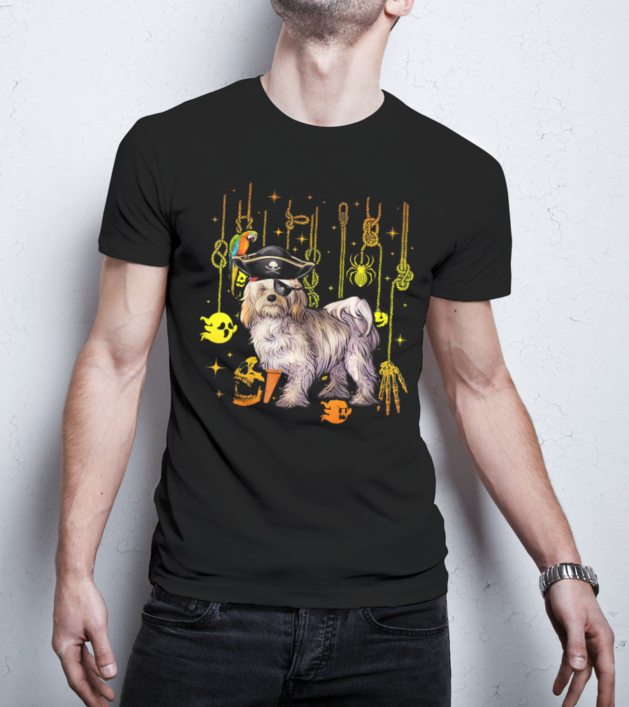 Havanese Pirate Halloween Dog With Parrot And Skulls T-Shirt