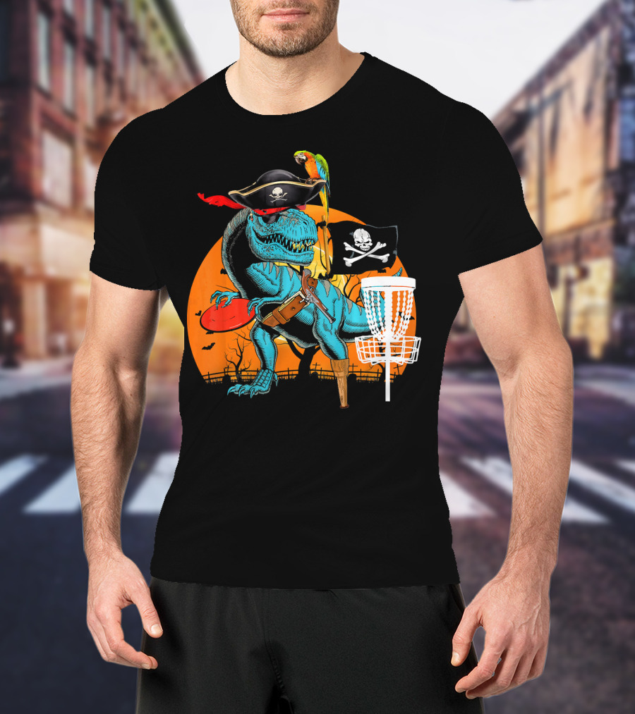 Jolly Roger Pirate Dinosaur Disc Golf Adventure T-Shirt