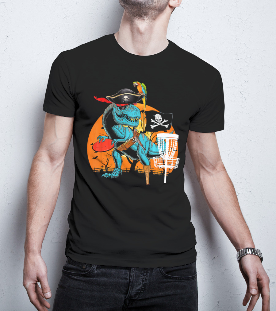 Jolly Roger Pirate Dinosaur Disc Golf Adventure T-Shirt
