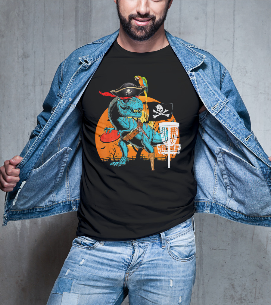 Jolly Roger Pirate Dinosaur Disc Golf Adventure T-Shirt