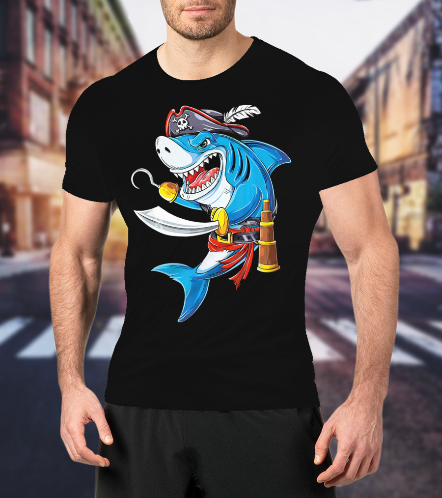 Shark Pirate Costume Jolly Roger Flag With Hook And Sword T-Shirt