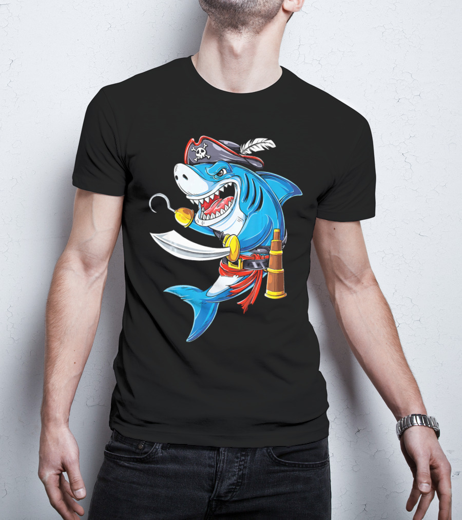Shark Pirate Costume Jolly Roger Flag With Hook And Sword T-Shirt