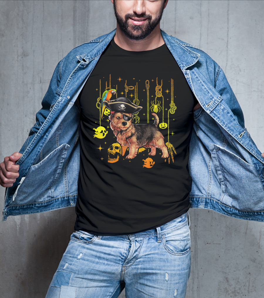 Norwich Terrier Pirate With Halloween Ghosts And Skull T-Shirt