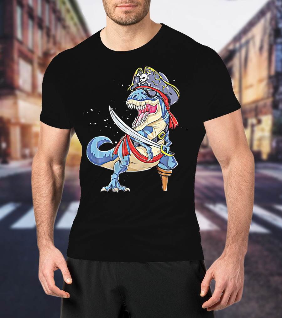 Pirate Dinosaur With Sword And Skull Hat T-Shirt