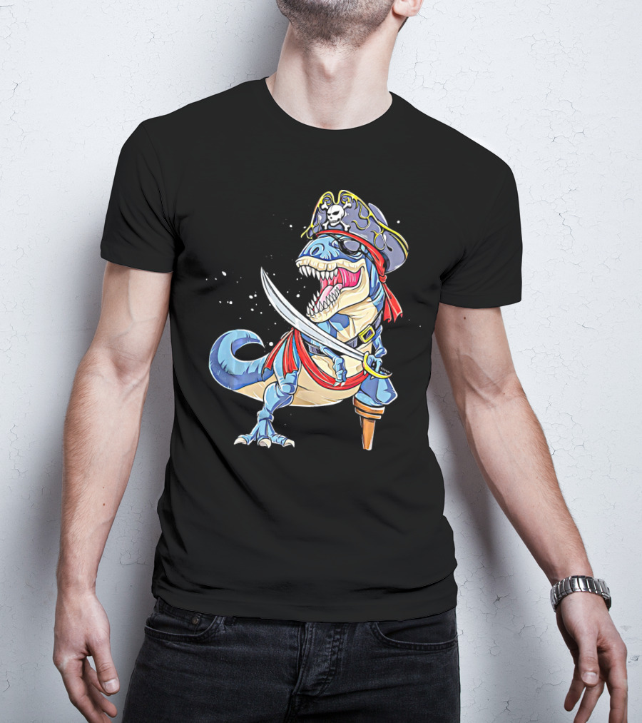Pirate Dinosaur With Sword And Skull Hat T-Shirt