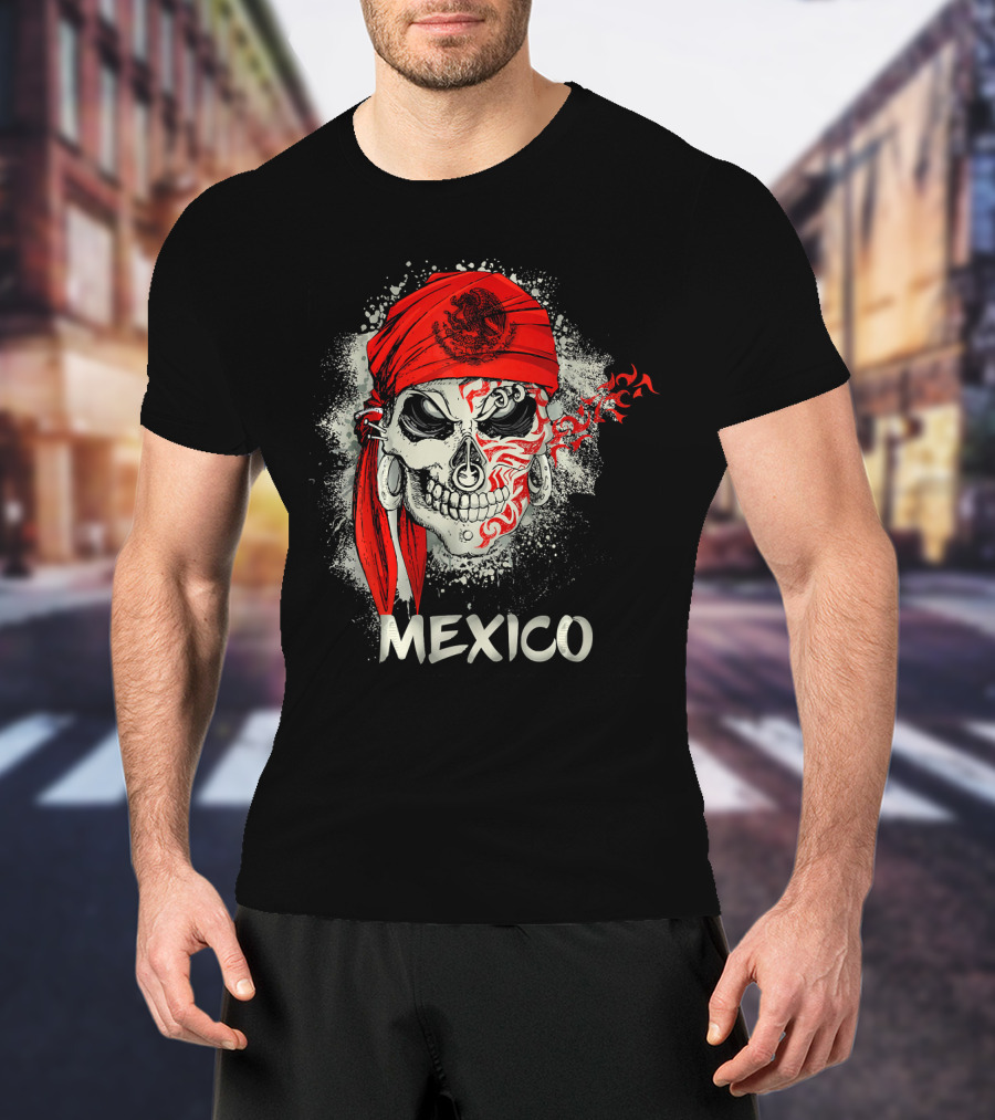 Mexico Skull With Red Bandana And Serpent Emblem T-Shirt