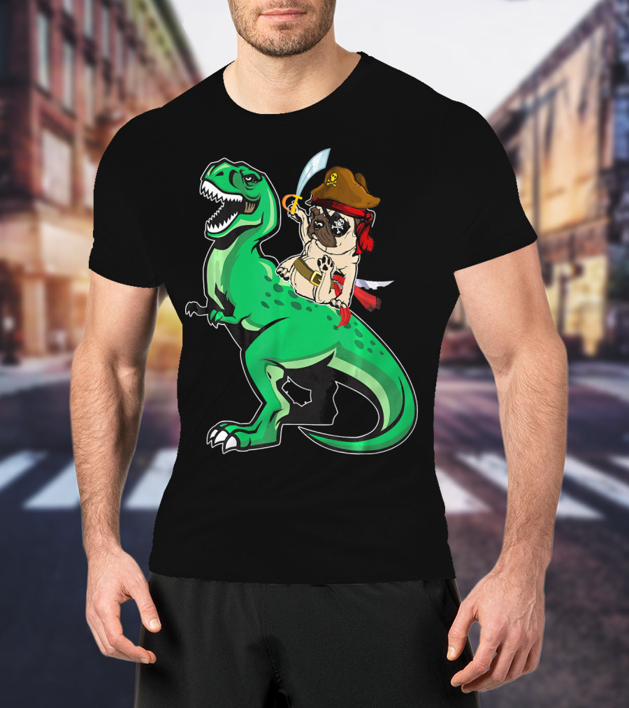 Pirate Pug Riding Rex Dinosaur With Sword And Hat T-Shirt
