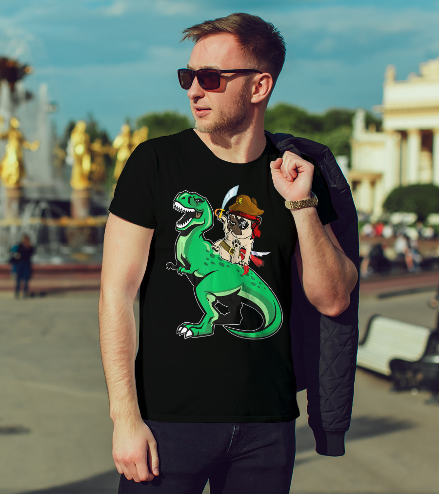 Pirate Pug Riding Rex Dinosaur With Sword And Hat T-Shirt