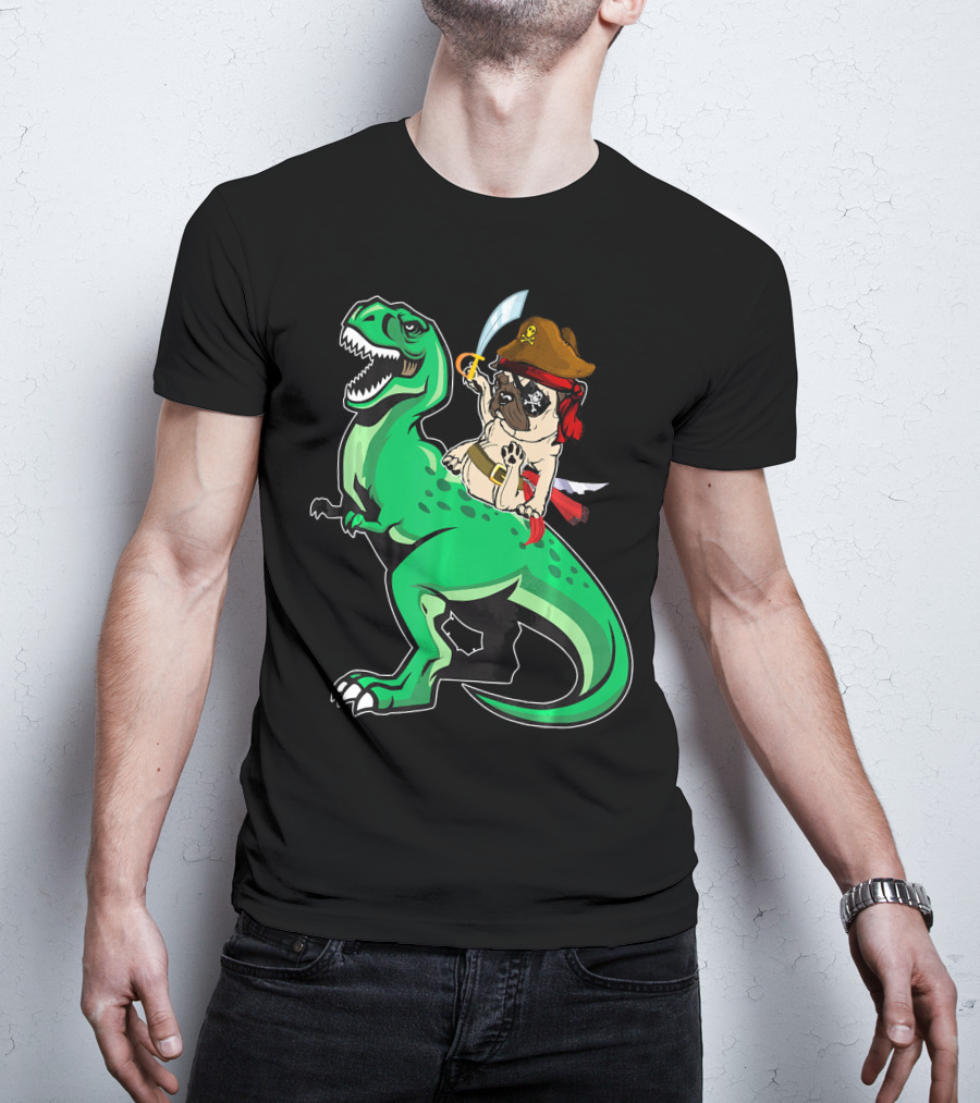 Pirate Pug Riding Rex Dinosaur With Sword And Hat T-Shirt