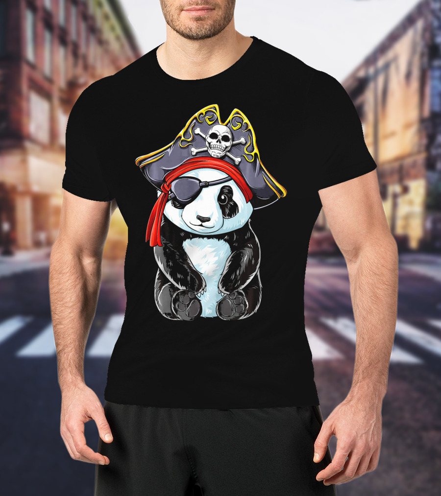 Panda Pirate Jolly Roger Skull Crossbones Eyepatch Bandana Hat T-Shirt