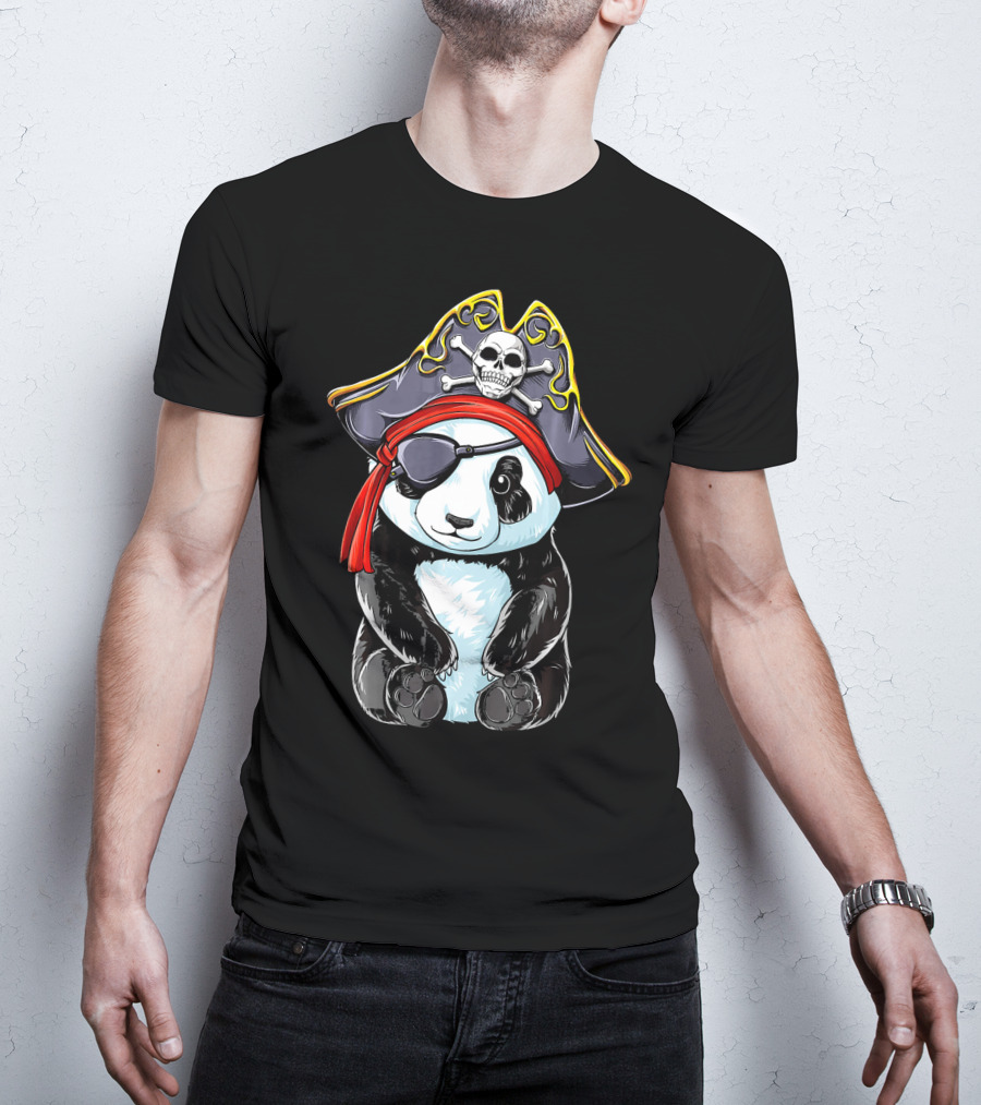 Panda Pirate Jolly Roger Skull Crossbones Eyepatch Bandana Hat T-Shirt