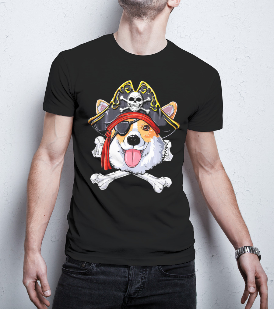Corgi Pirate Skull And Crossbones Jolly Roger Flag T-Shirt