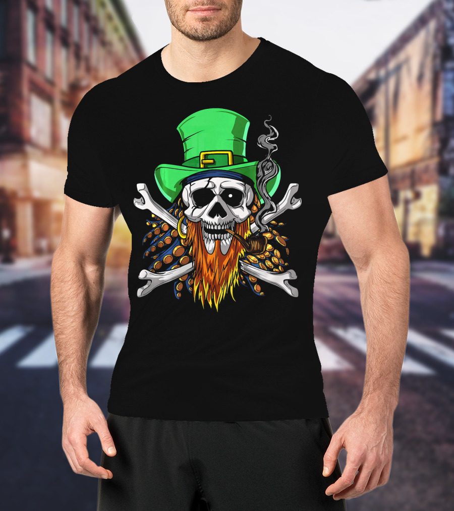 Leprechaun Pirate Skull St Patricks Crossbones Hat Pipe Beads T-Shirt