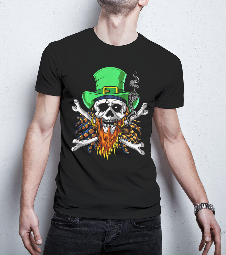 Leprechaun Pirate Skull St Patricks Crossbones Hat Pipe Beads T-Shirt