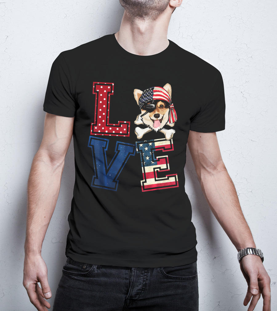 LOVE Corgi Pirate Face With American Flag Bandana And Lettering T-Shirt