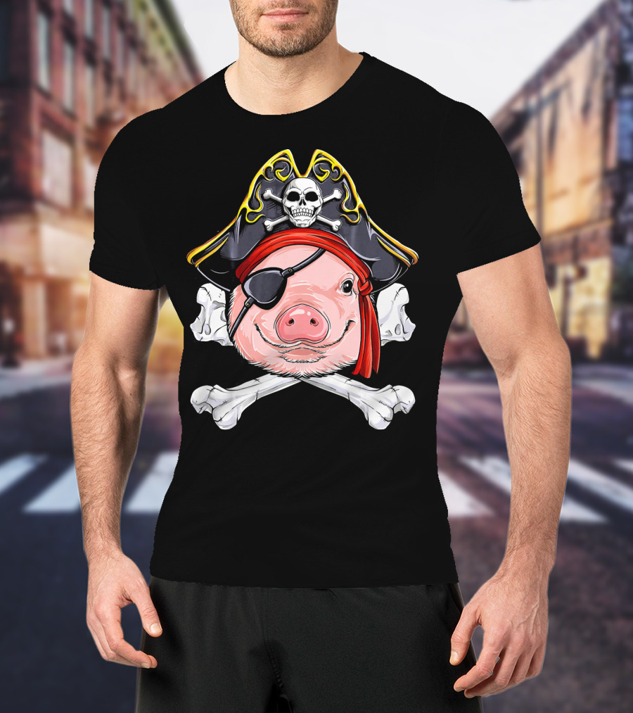 Pig Pirate Jolly Roger Flag Skull Eyepatch Crossbones Hat T-Shirt