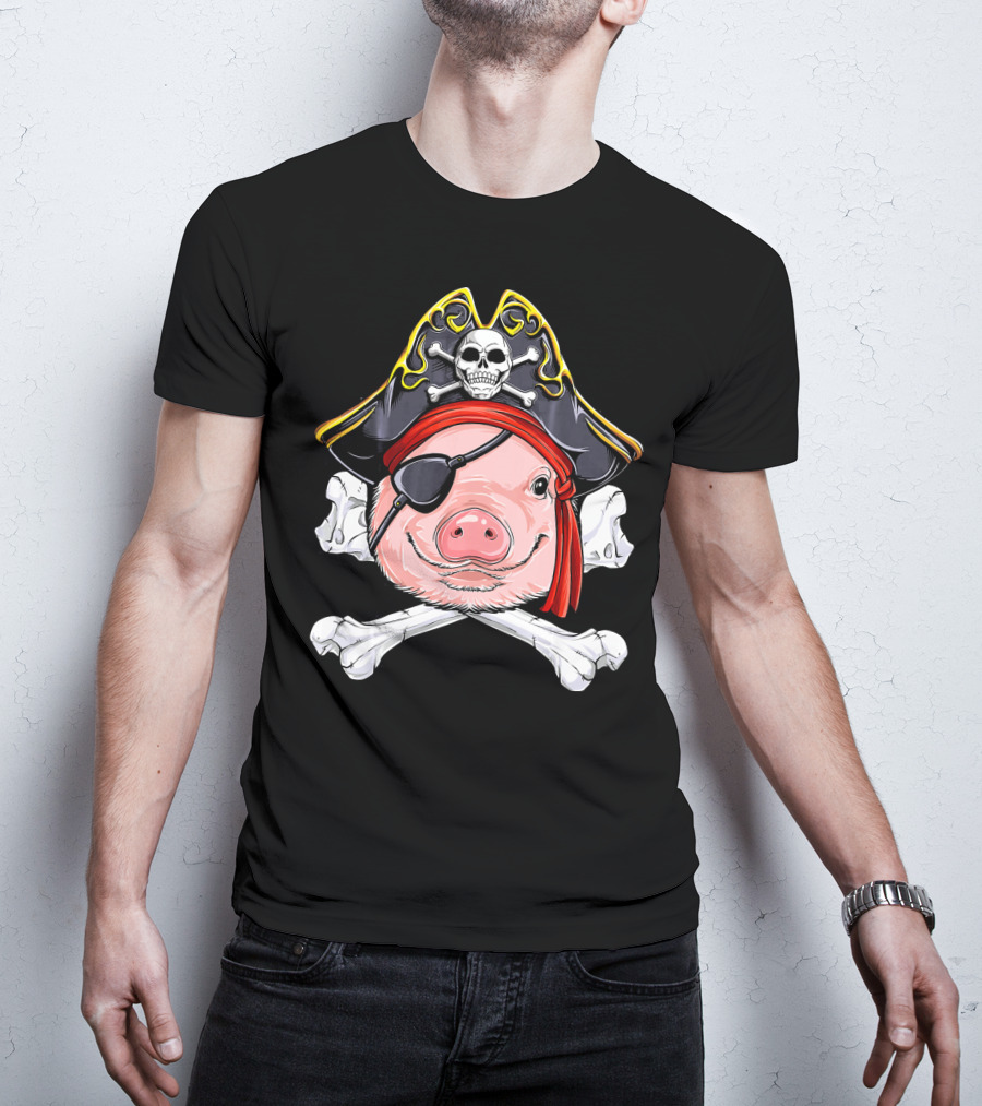 Pig Pirate Jolly Roger Flag Skull Eyepatch Crossbones Hat T-Shirt