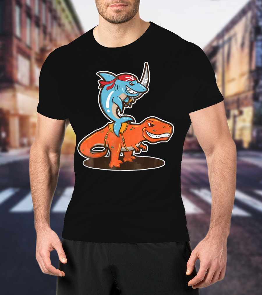 Pirate Shark Riding A T-Rex Dinosaur Adventure T-Shirt