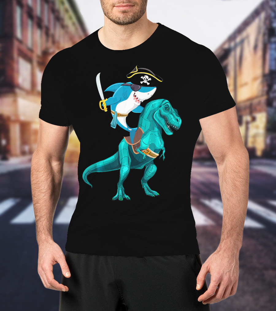 Shark Pirate On T-Rex For Kids Boys Sons T-Shirt