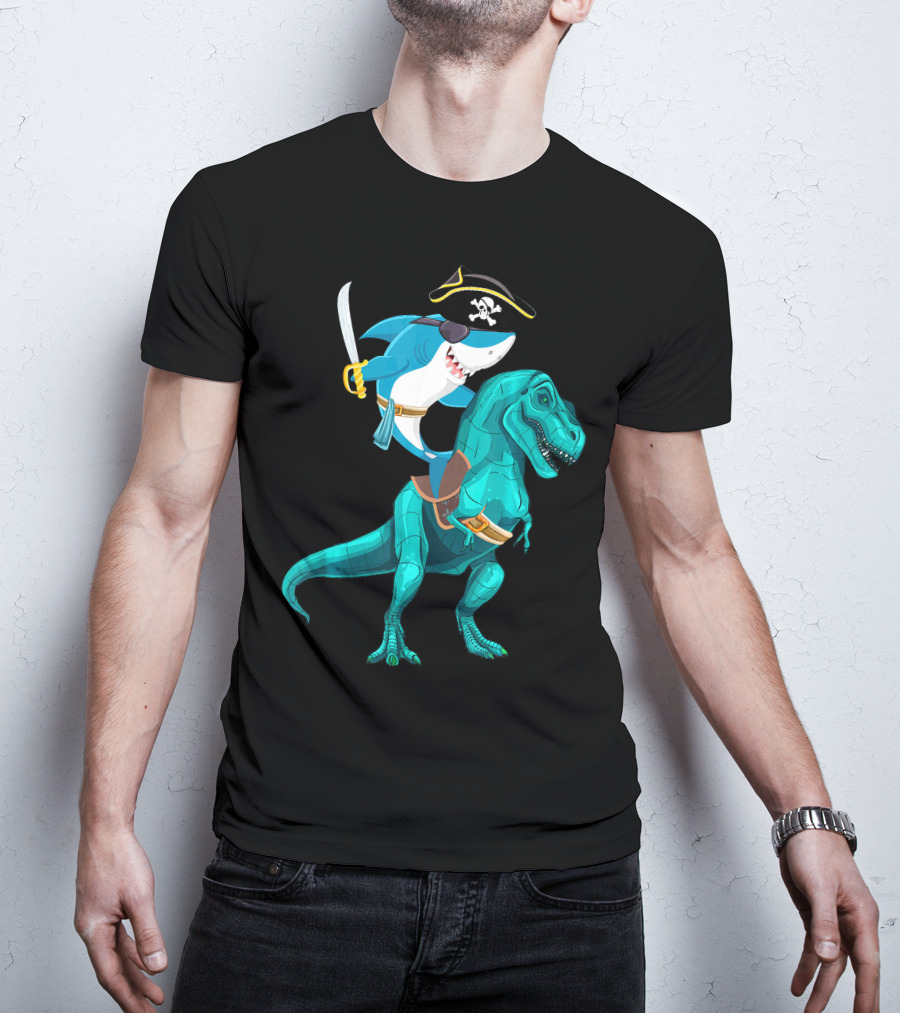 Shark Pirate On T-Rex For Kids Boys Sons T-Shirt