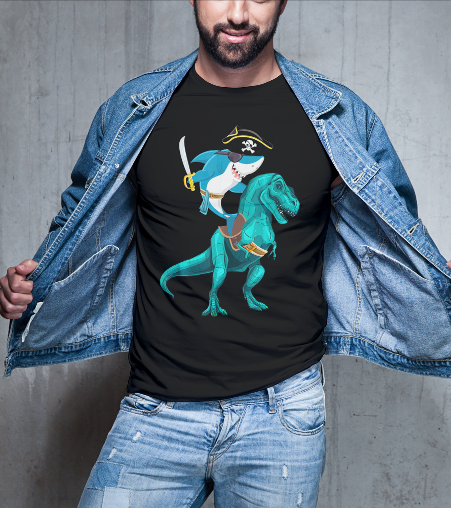 Shark Pirate On T-Rex For Kids Boys Sons T-Shirt