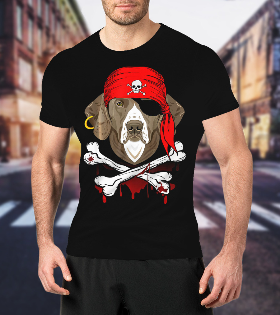 Weimaraner Dog Dad In Pirate Costume With Skull And Crossbones Bandana T-Shirt