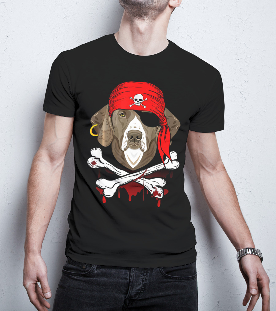 Weimaraner Dog Dad In Pirate Costume With Skull And Crossbones Bandana T-Shirt