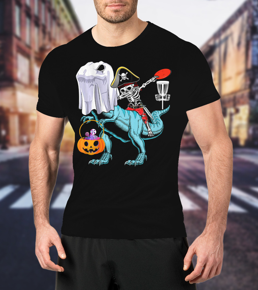 Dab Jolly Roger Skeleton Pirate On Dinosaur With Ghost Pumpkin And Frisbee T-Shirt