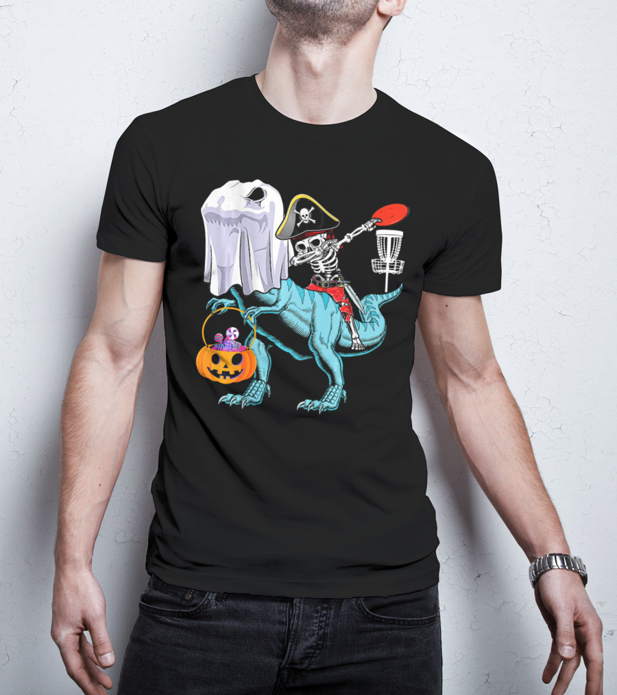 Dab Jolly Roger Skeleton Pirate On Dinosaur With Ghost Pumpkin And Frisbee T-Shirt