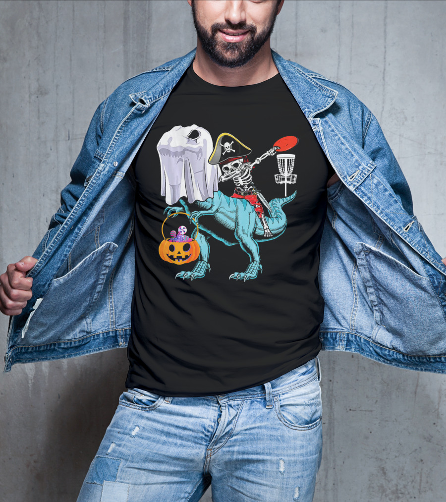Dab Jolly Roger Skeleton Pirate On Dinosaur With Ghost Pumpkin And Frisbee T-Shirt