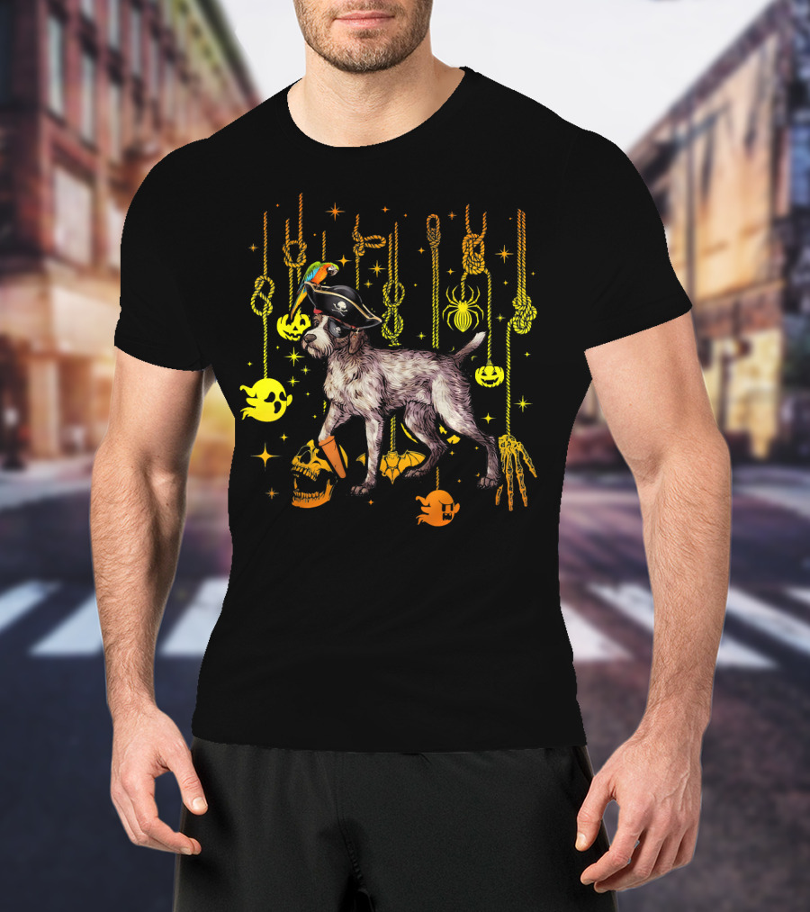 German Wirehaired Pointer Pirate Halloween Ghosts And Skulls T-Shirt
