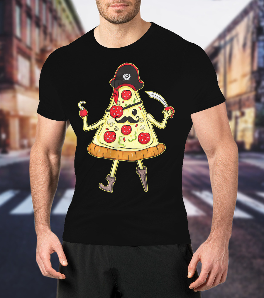 Funny Mustache Pirate Pizza Slice With Hook And Sword T-Shirt