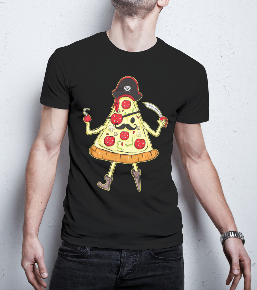 Funny Mustache Pirate Pizza Slice With Hook And Sword T-Shirt