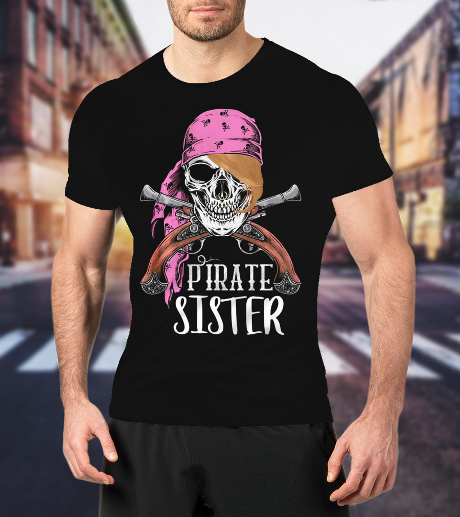 Pirate Sister Skull With Pink Bandana And Crossed Pistols T-Shirt