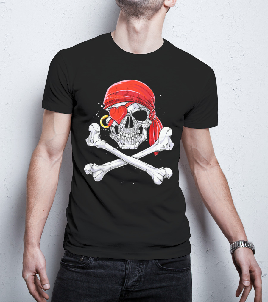 Valentines Day Pirate Skull With Red Bandana And Heart Eye Patch For Him T-Shirt