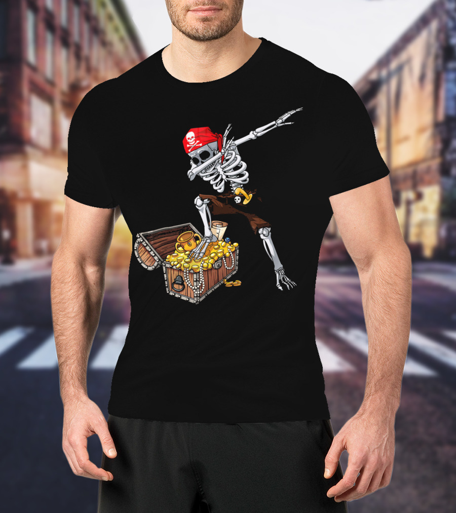 Dabbing Pirate Skeleton With Treasure Chest And Red Skull Bandana T-Shirt