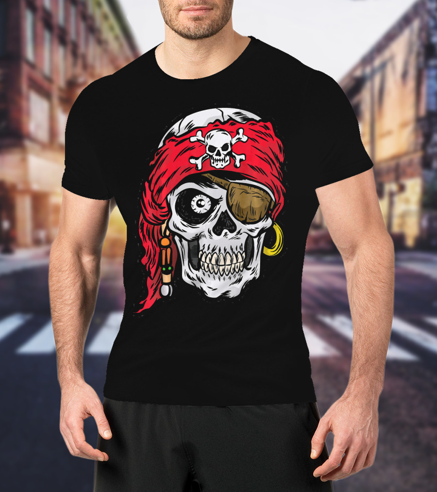 Pirate Skull With Red Bandana And Crossbones Eye Patch Jolly Roger T-Shirt