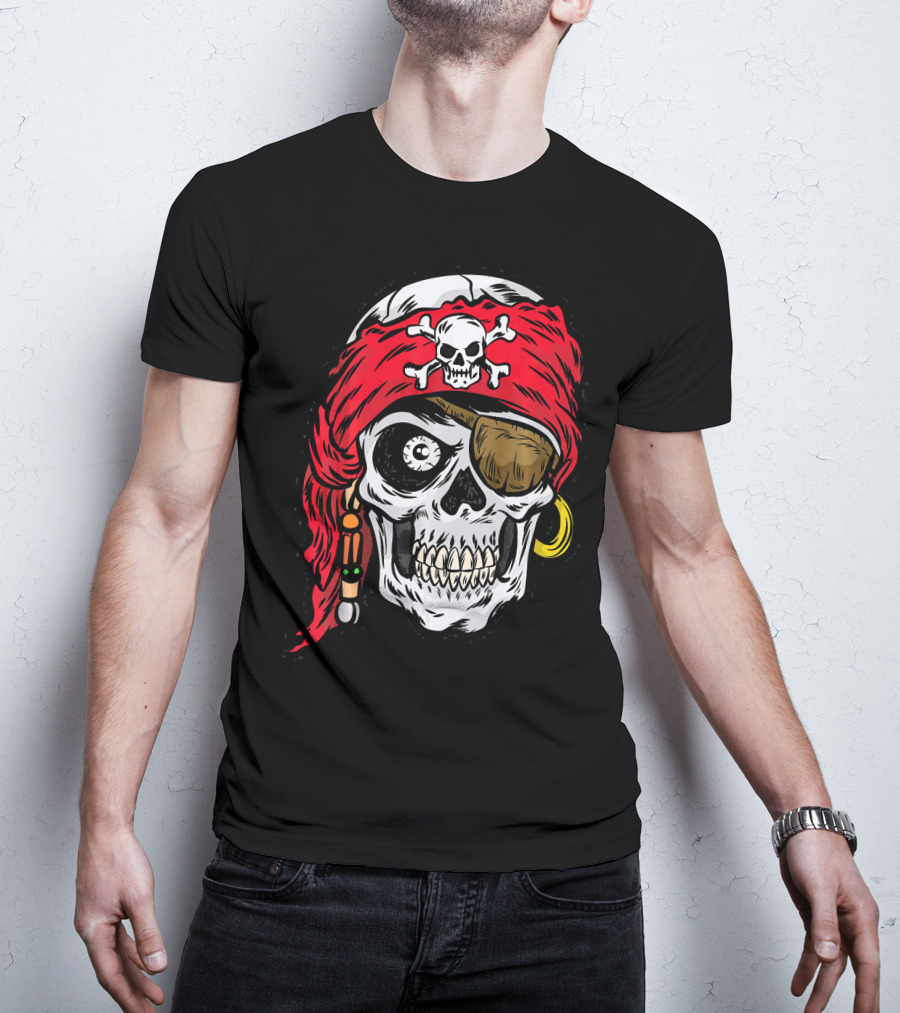 Pirate Skull With Red Bandana And Crossbones Eye Patch Jolly Roger T-Shirt