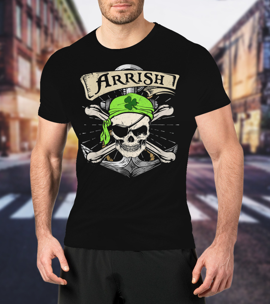 Arrish Irish Pirate Skull With Shamrock Bandana St Patricks T-Shirt
