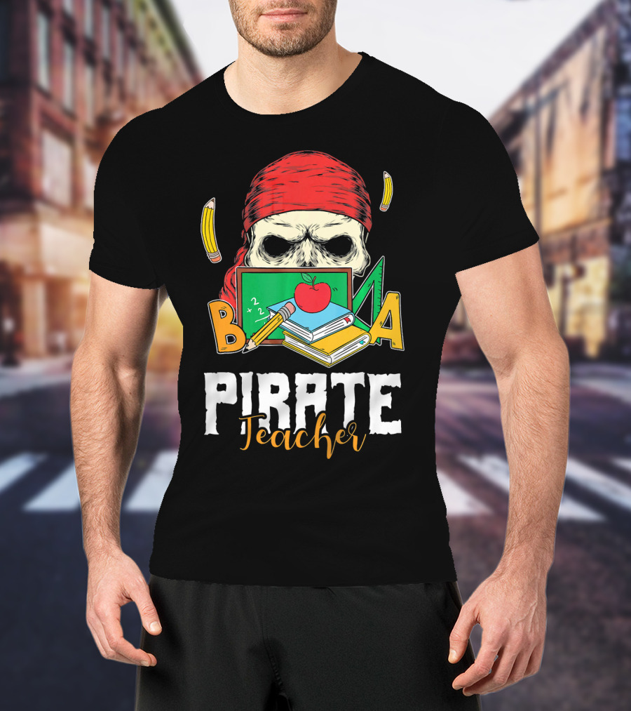 Pirate Teacher Skull Chalkboard Apple Pencils Books Bandana T-Shirt