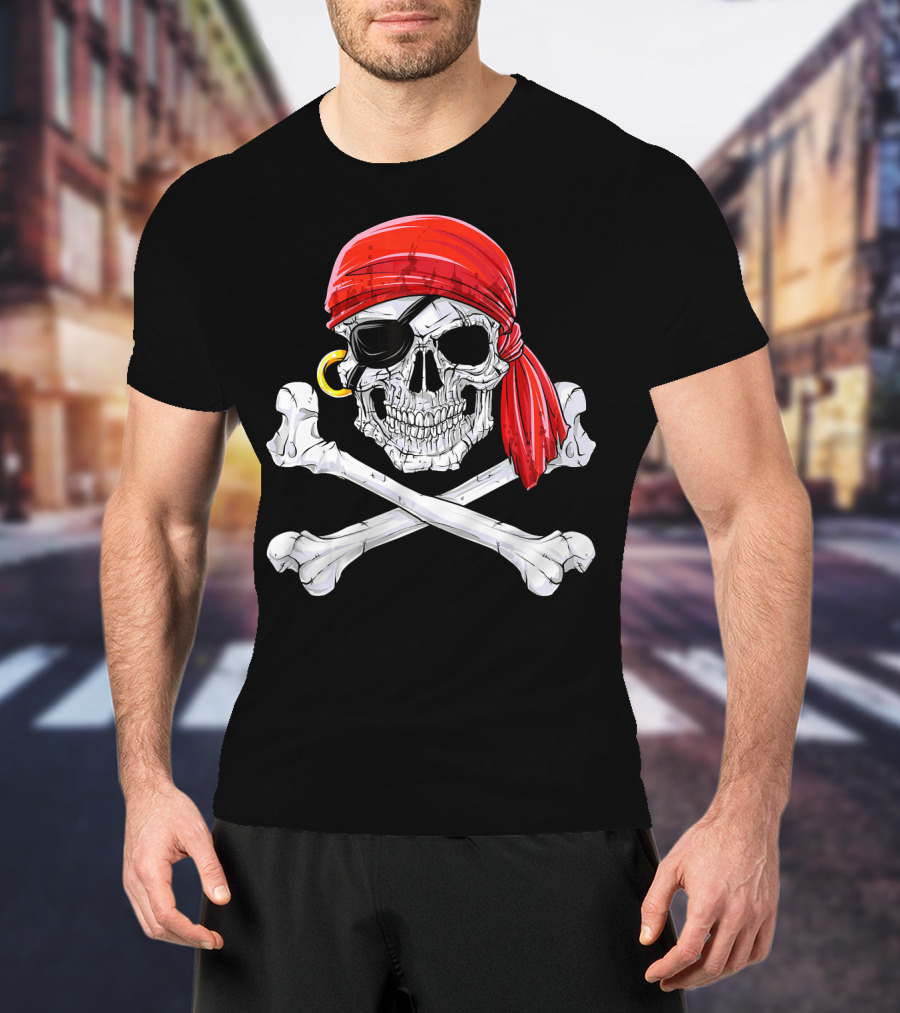 Jolly Roger Flag Skull And Crossbones With Red Bandana And Eyepatch T-Shirt