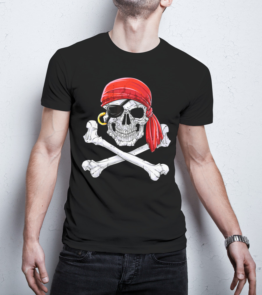 Jolly Roger Flag Skull And Crossbones With Red Bandana And Eyepatch T-Shirt