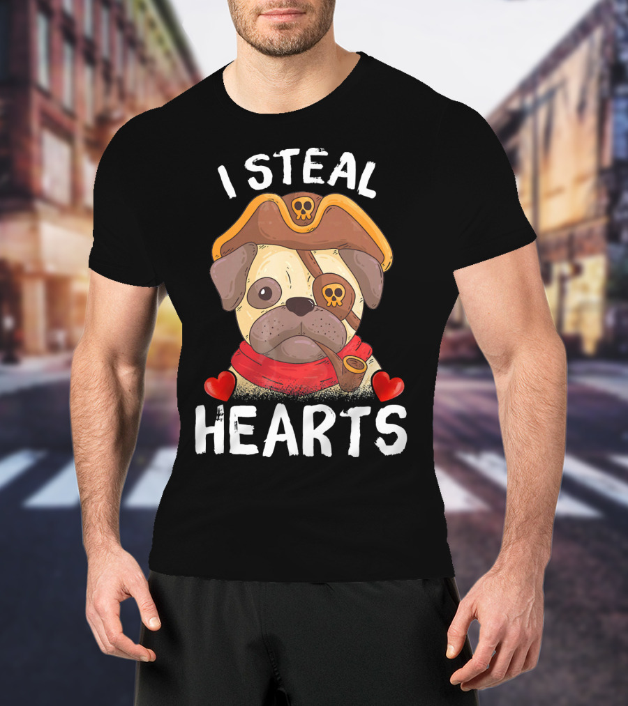 I Steal Hearts Valentines Day Pirate Pug With Pipe And Eyepatch T-Shirt