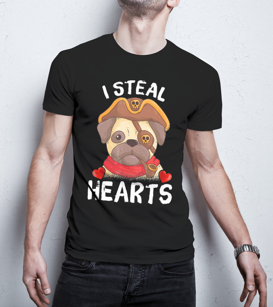 I Steal Hearts Valentines Day Pirate Pug With Pipe And Eyepatch T-Shirt