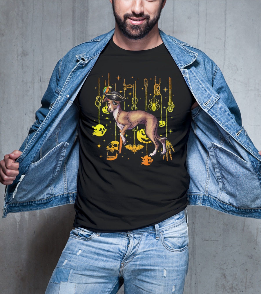 Italian Greyhound Pirate Dog With Halloween Ghosts And Skulls T-Shirt