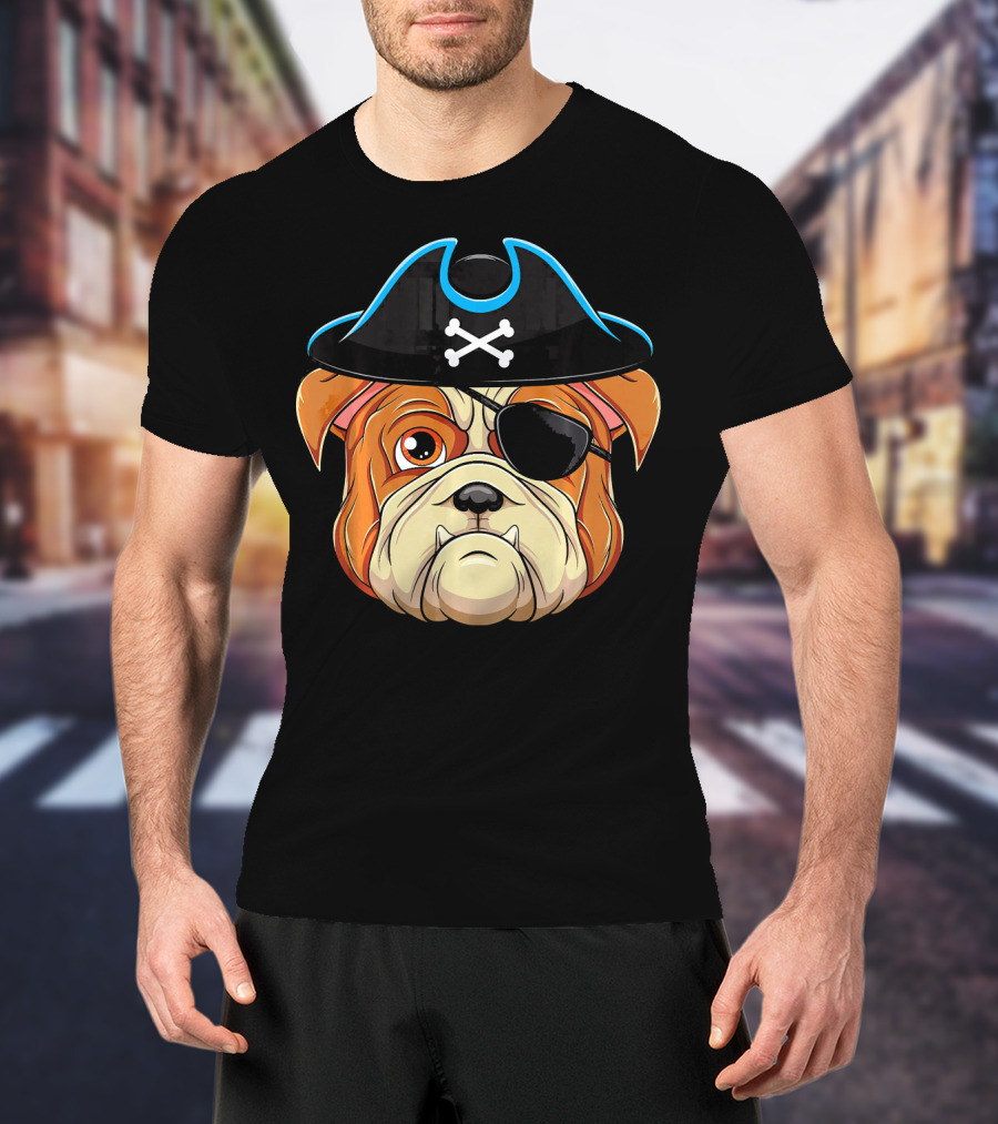 English Bulldog Pirate Hat Eye Patch Skull Crossbones T-Shirt