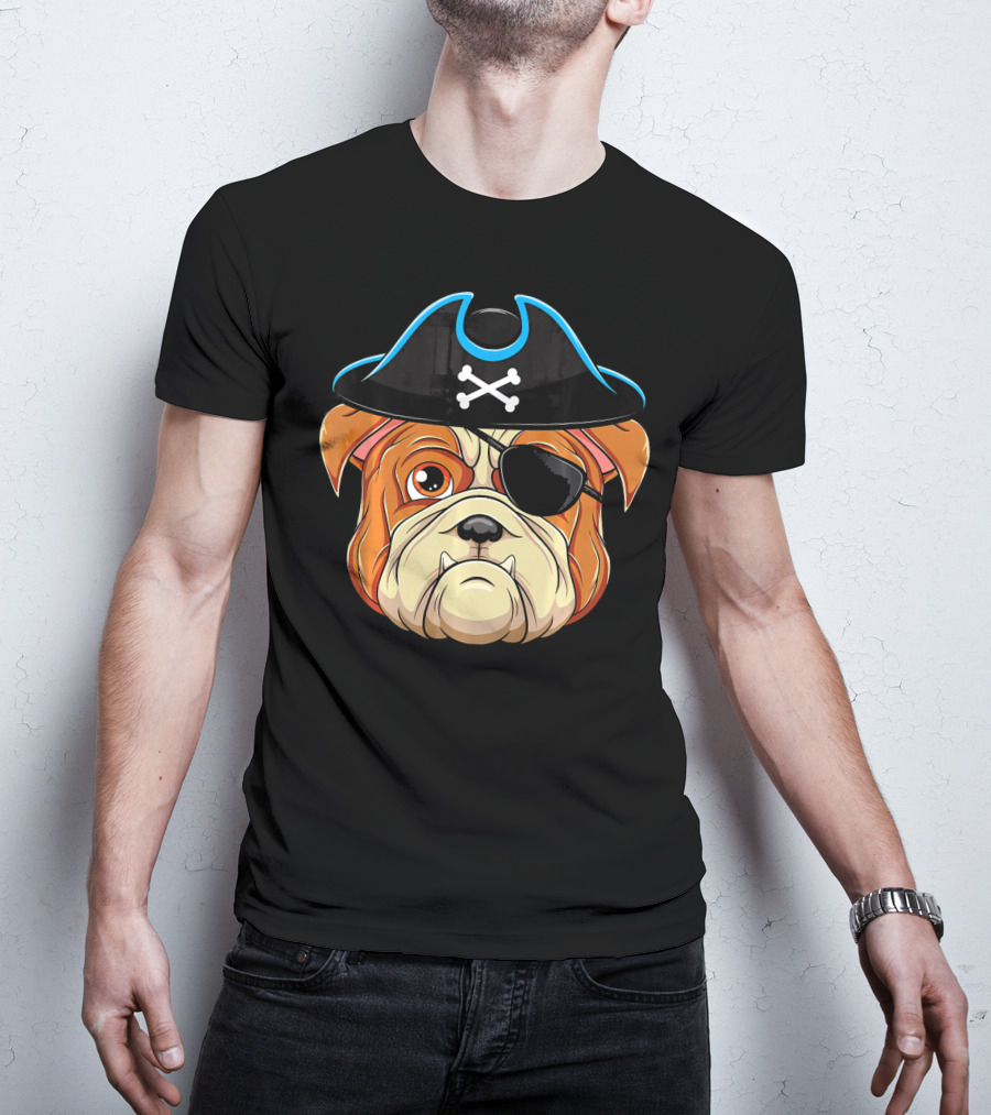 English Bulldog Pirate Hat Eye Patch Skull Crossbones T-Shirt