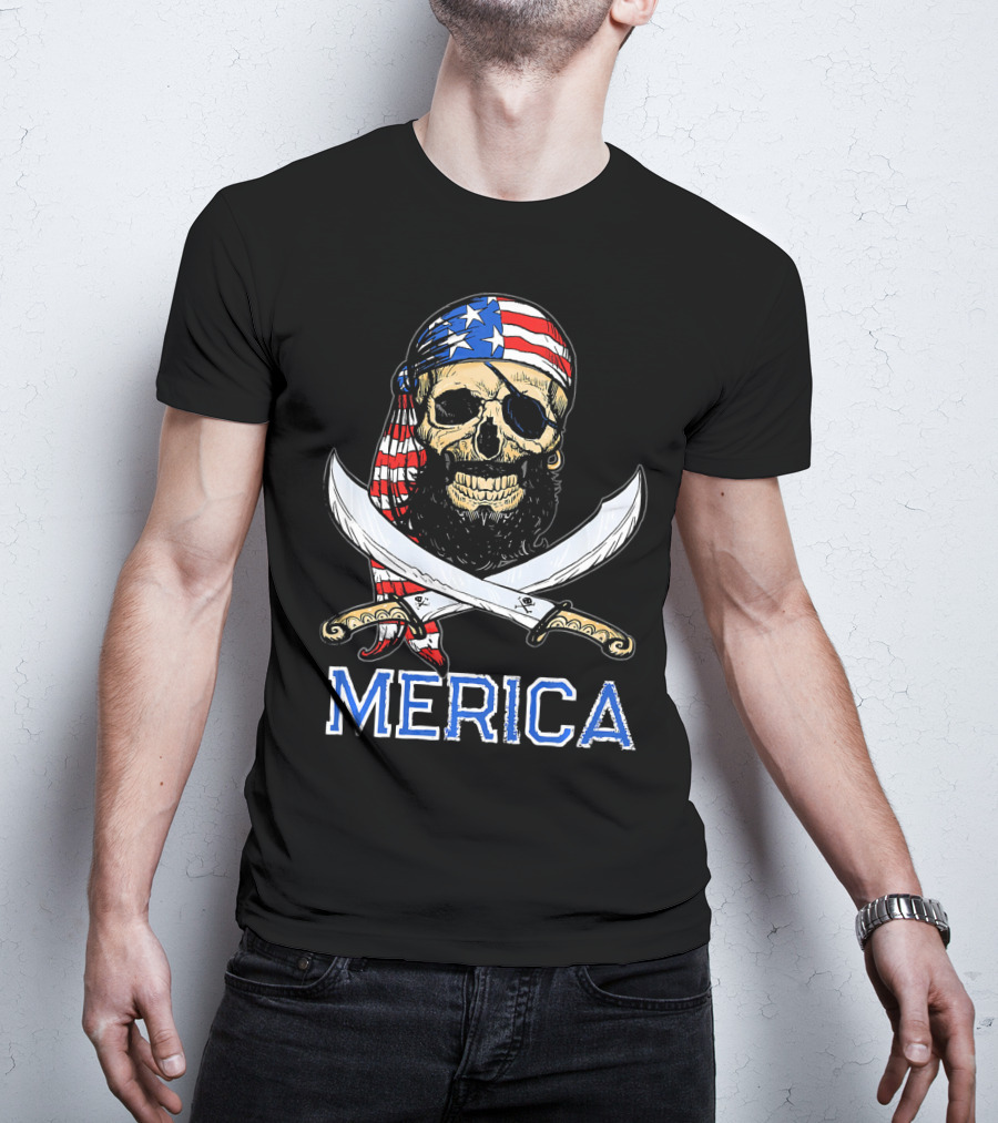 MERICA Bearded Pirate Skull With American Flag Bandana And Crossed Swords T-Shirt